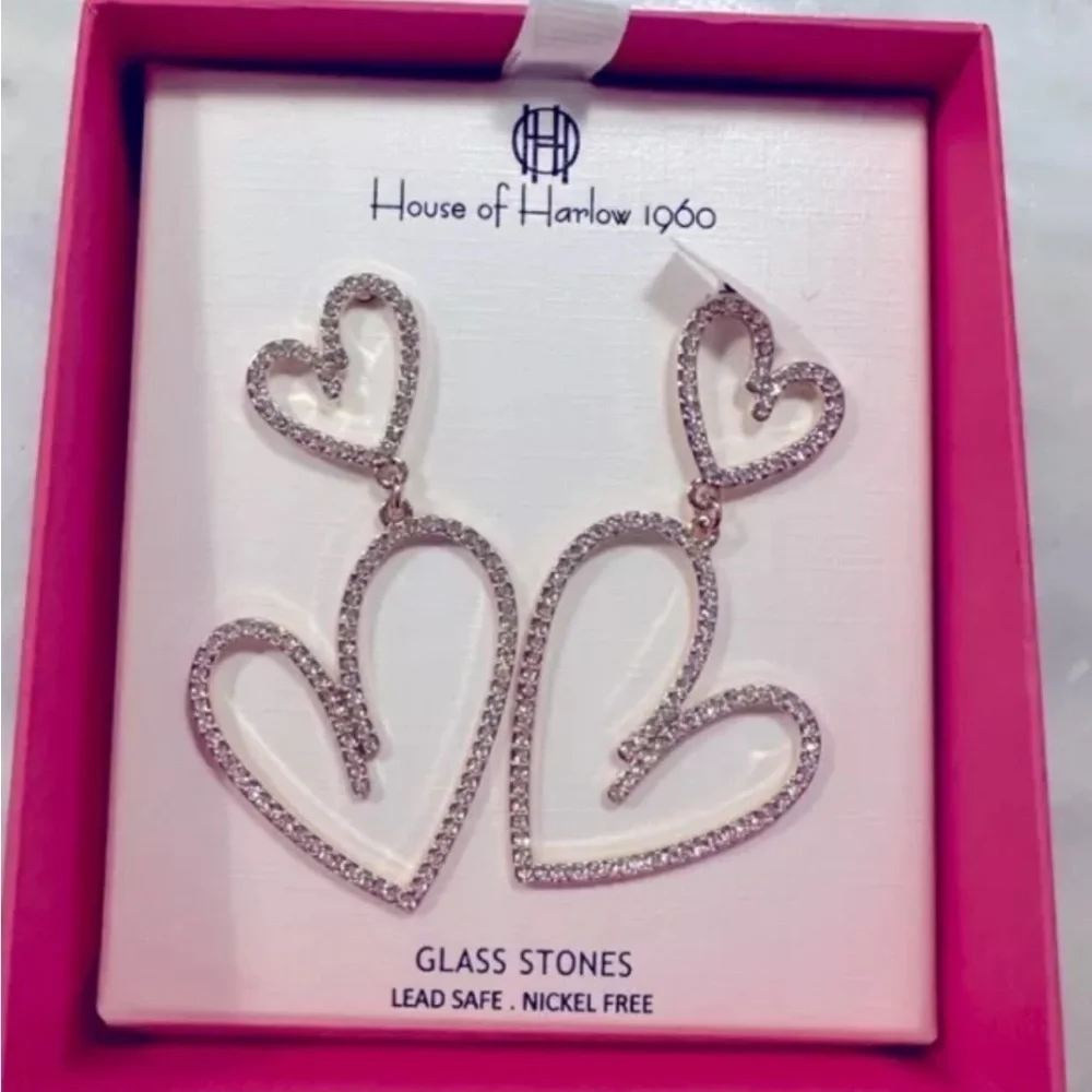 House of Harlow 1960 Gold Glass Stone Heart Earrings new in box